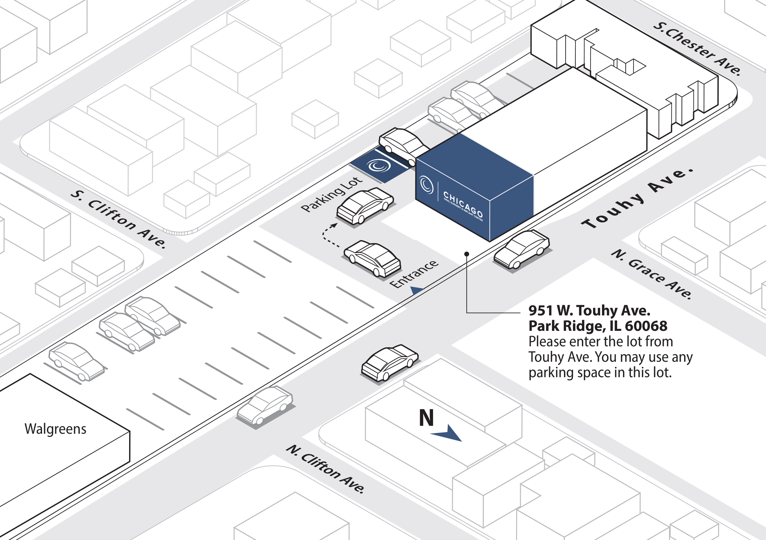 Map and directions for Park Ridge, with the office building highlighted