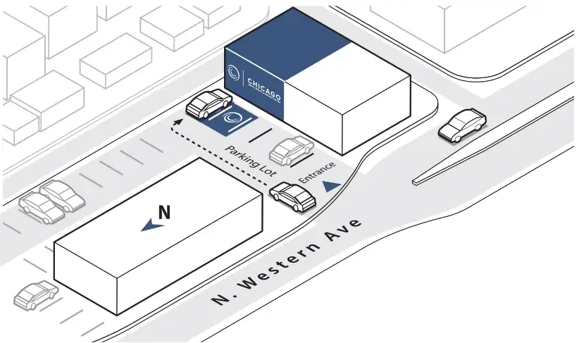 Map and directions for Roscoe Village, with the office building highlighted